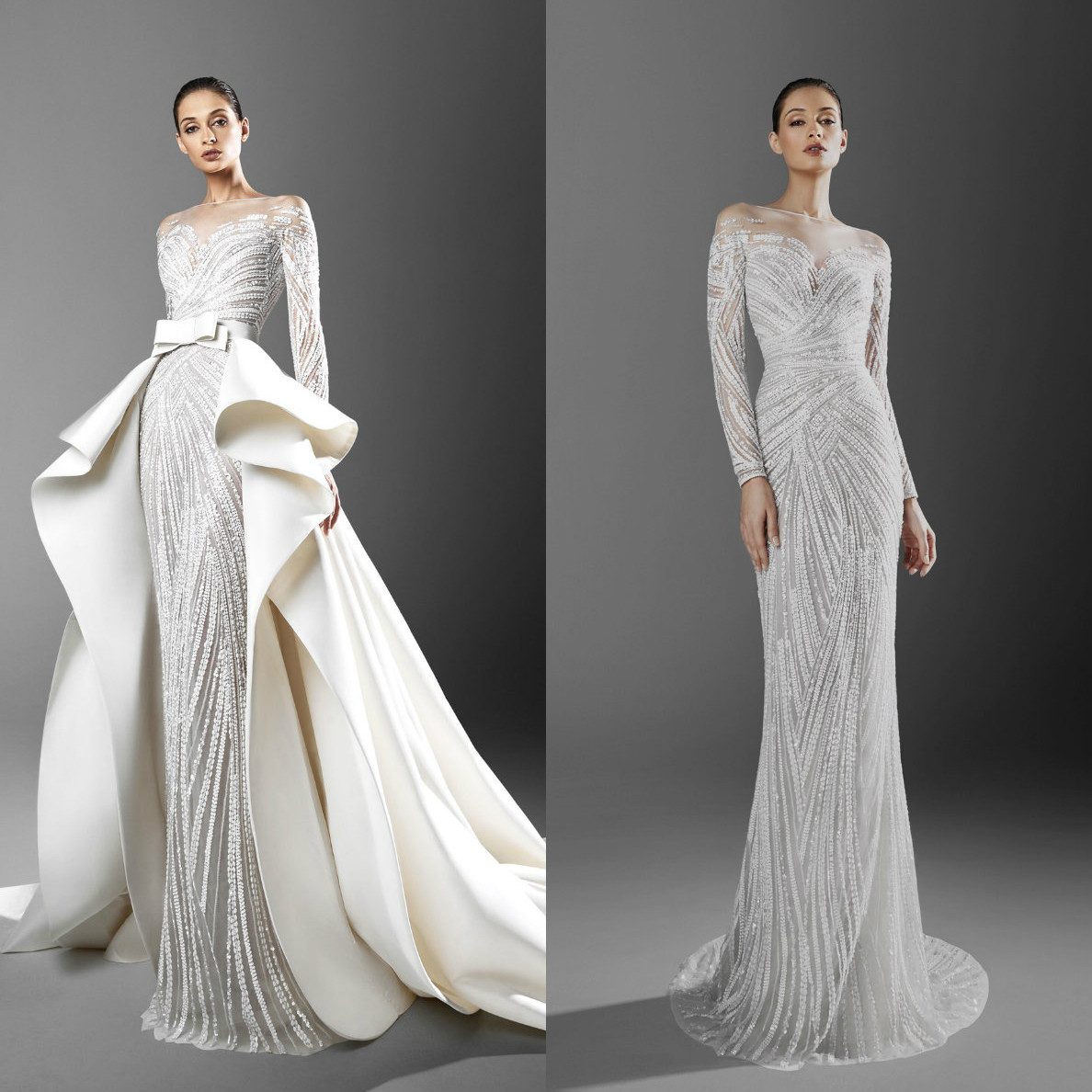 

Zuhair Murad 2021 Wedding Dresses Long Sleeves Lace Appliques Sequin Bridal Gowns Custom Made Detachable Train A-Line Wedding Dress, Pink