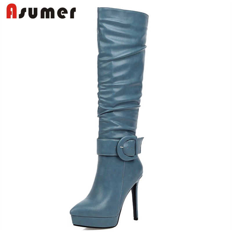

ASUMER 2020 5 colors Newest knee high boots women buckle solid colors super high heels platform boots party wedding shoes woman, Beige