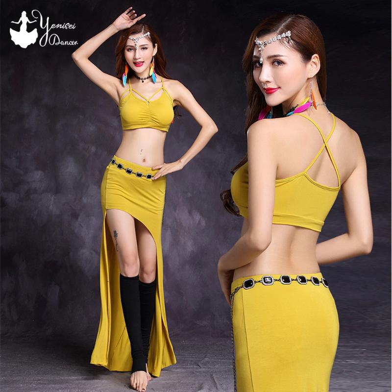

New Modal Material Womens Belly Dance Bra Suit Sexy Performance Exercise Clothes Yellow Black Bellydance Costume Set Adult Dress, Black-2pcs