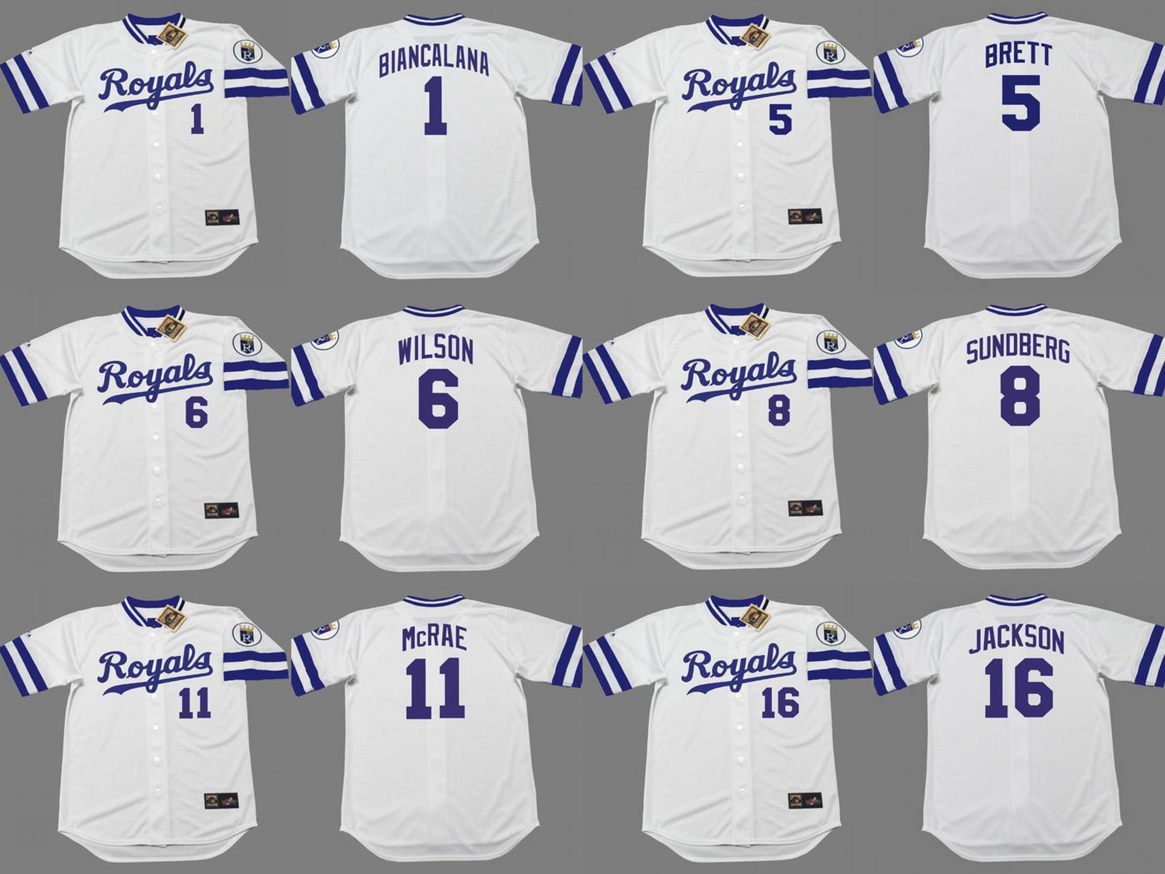 

Kansas City 1 BUDDY BIANCALANA 8 JIM SUNDBERG 6 WILLIE WILSON 16 BO JACKSON 11 HAL McRAE 5 GEORGE BRETT baseball jersey stitched, Black