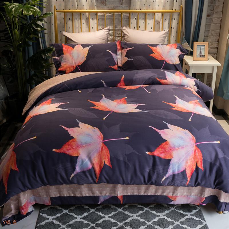 

Brushed Cotton Heavyweigh warm Duvet Cover Queen King size Leaves printed Vintage Bedding set Comforter Cover Sheet Pillowcases, Color 4