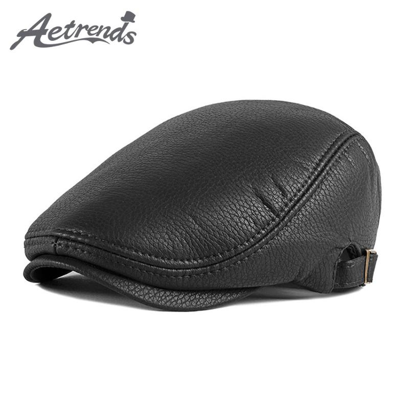 

AETRENDS] PU Leather Newsboy Cap Winter Berets Male Warm Visors Cap Snapback Caps for Men Bone Gorras Casquette Z-10112, Black