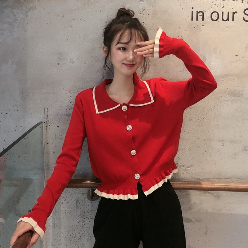 

Blackday Hot Women Button Cardigan Girls Autumn Fashion Lapel Ruffled Cardigan Stitching Long-sleeved Knit Sweater New, Black