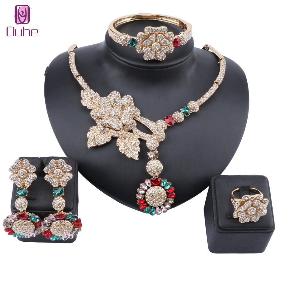 

African Jewelry Charm Crystal Necklace Earrings Dubai Gold Jewelry Sets for Women Wedding Bridal Bracelet Ring Jewellry Set, Slivery;golden
