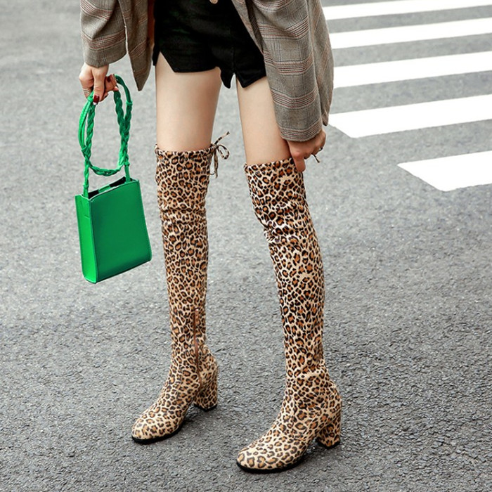 

PXELENA 2020 Winter Leopard Over The Knee Boots Female Shoes 2020 Flock Chunky High Heels Zip Riding Long Boots Plus Size 34-43, Blue