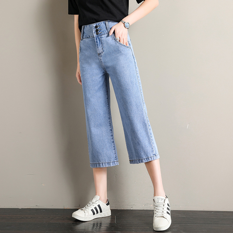 

#3054 Summer Casual High Waist Wide Leg Jeans Women Loose Straight Denim Boyfriend Jeans For Women Calf-length Femme, Blue