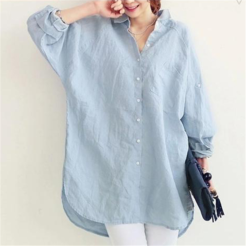 

Kimono 2020 Fall Women Summer Loose Blouse Shirts Blusas Down Shirt Long Turning Sleeve Top Linen Big Blouse Go To Work, Sky blue
