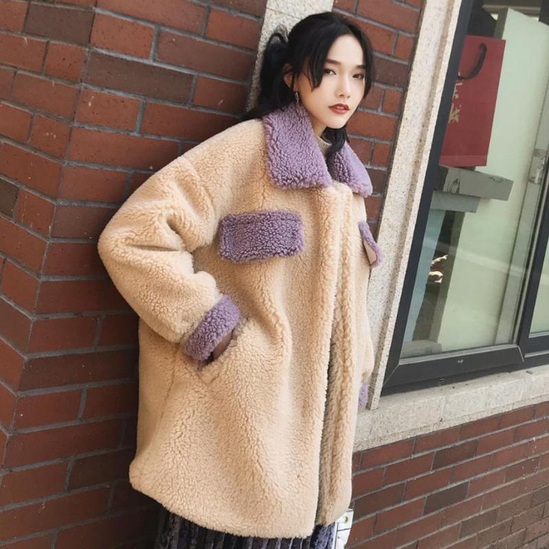 

Winter Fashion Warm Women Lamb Fur coat Stitching Thicken Turn-down Collar Jacket Female Long Sleeve Loose Casual Outwear L1809, Apricot