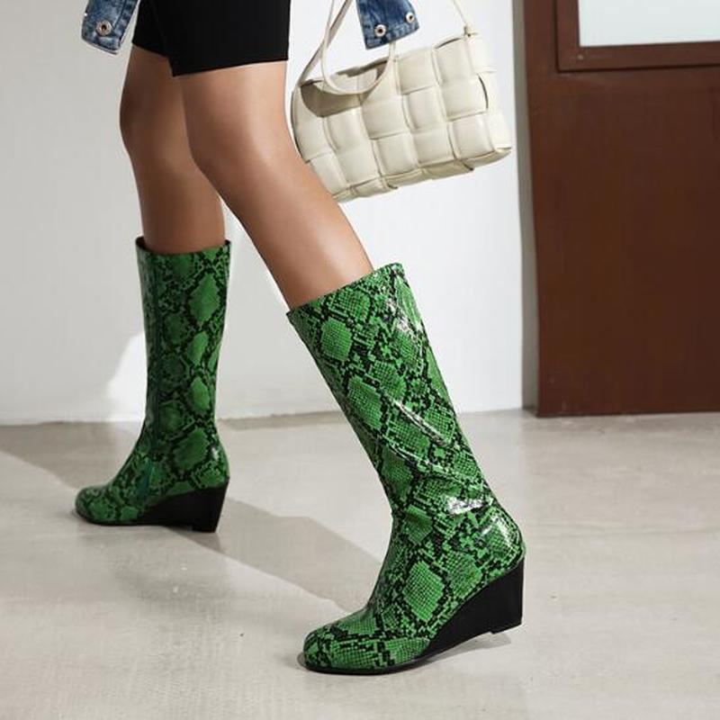 

women knee high boots chaussure gladiator high heels booties plus size autumn warm wedges shoes woman zapatos mujer sapato D1851, Green