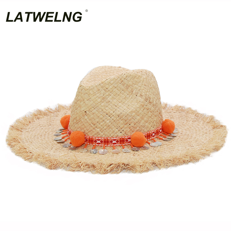 

Latwelng Brand Fashion Tassel Sequins Beach Hats Female Holiday Panama Raffia Hat Jazz Bohemia Summer Straw Sun Hat S1122, Orange pompom