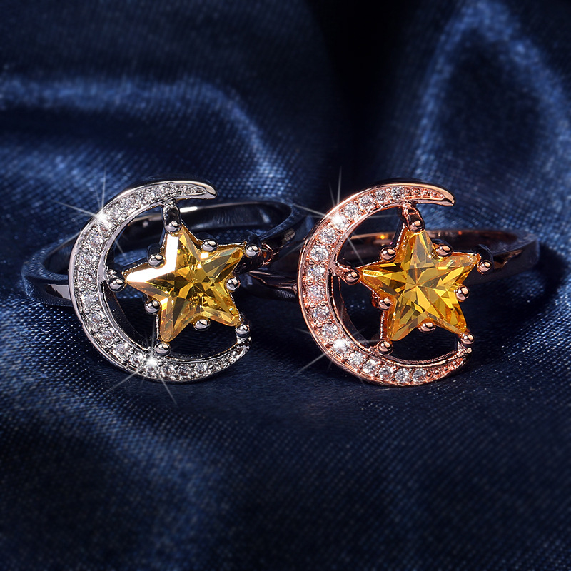 

Sparking Full Zircon Star and Moon finger rings for women Top quality Rose Gold color Enggament party jewelry Anniversary Gifts
