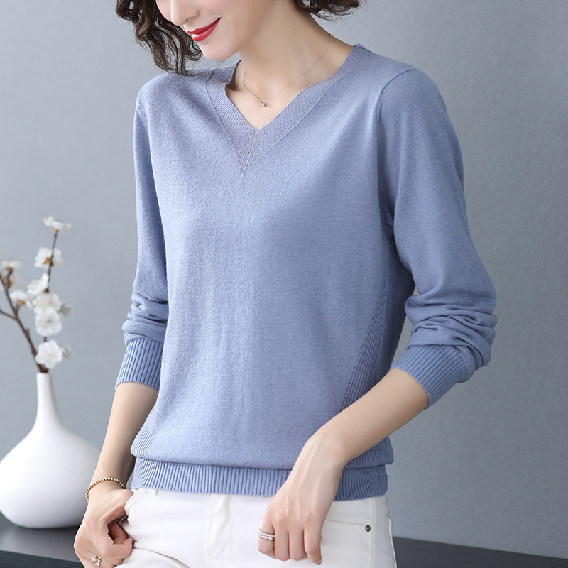 

2020 autumn winter V-Neck Long Sleeve Women sweaters Solid color knitting Ladies Blue pullovers thin Casual Cotton Wool New Tops, Red