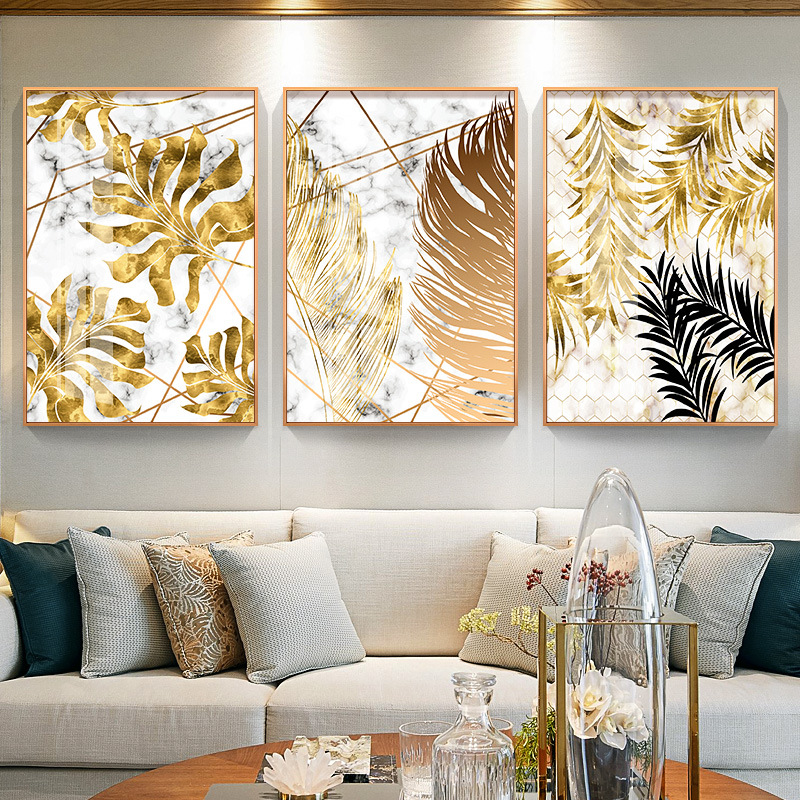 

Nordic Modern Light Luxury Marble Picture Wall Art Canvas Golden Monstera leaves Living Room Decorative Painting Posters