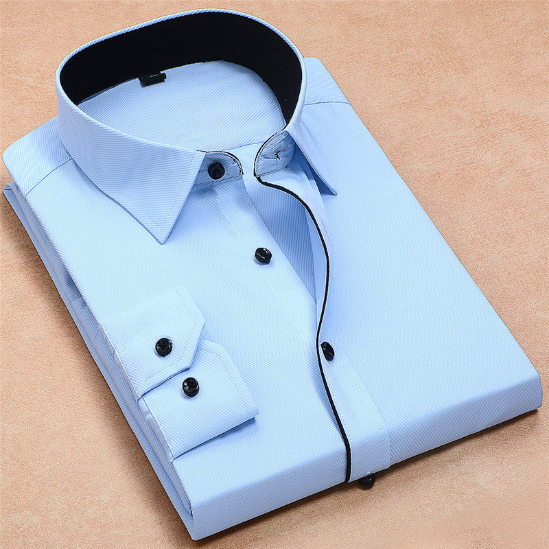 

without chest pocket fashion patchwork collar black line front black button no fade long sleeve well fit business men shirt, 1417