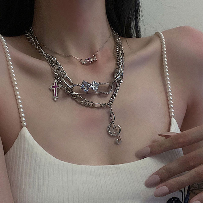 

HUANZHI 2020 New Punk Trendy Musical Note Pink Cross Rhinestone Crystal Inlay Double-layer Chain Necklace for Women Party