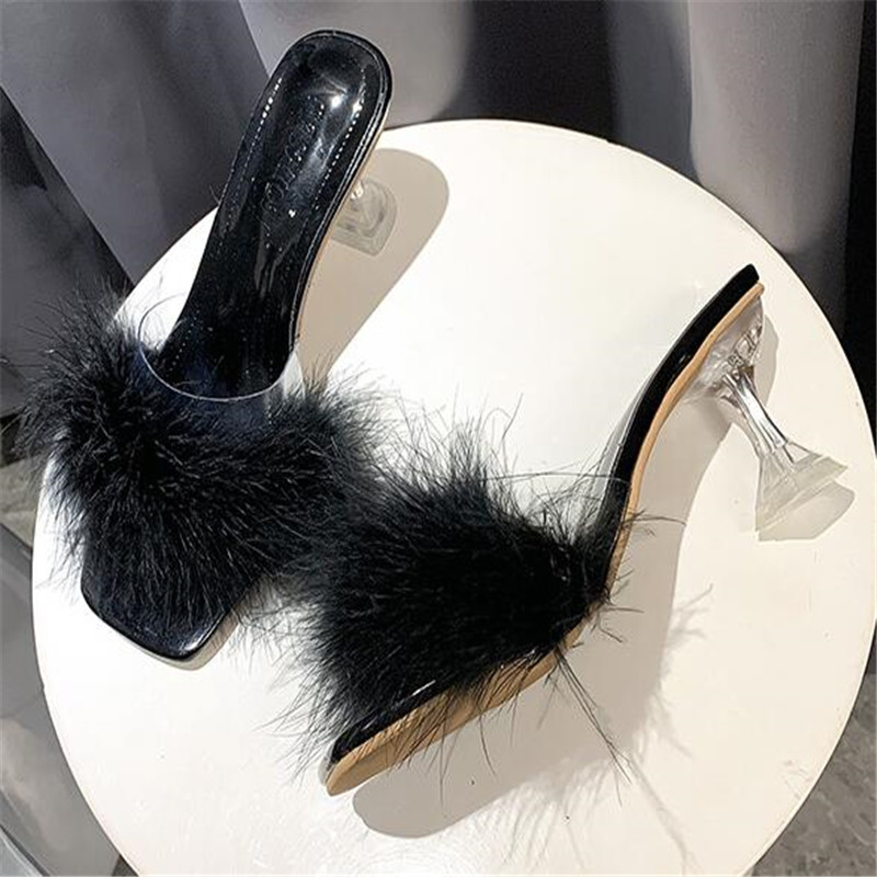 

2020 New Korean Transparent Woman High Heels Shoes Outdoor Fine Heel Word Buckle Furry Women Slipprs Fashion Wild Mujer Slides, Black