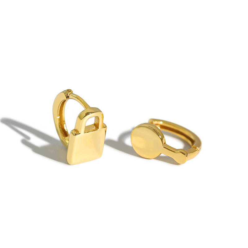 

asymmetry Earrings dia.10mm 100% Authentic 925 Sterling silver Gold /White Lock Key hoop Huggie earrings FINE jEWELRY TLE1071
