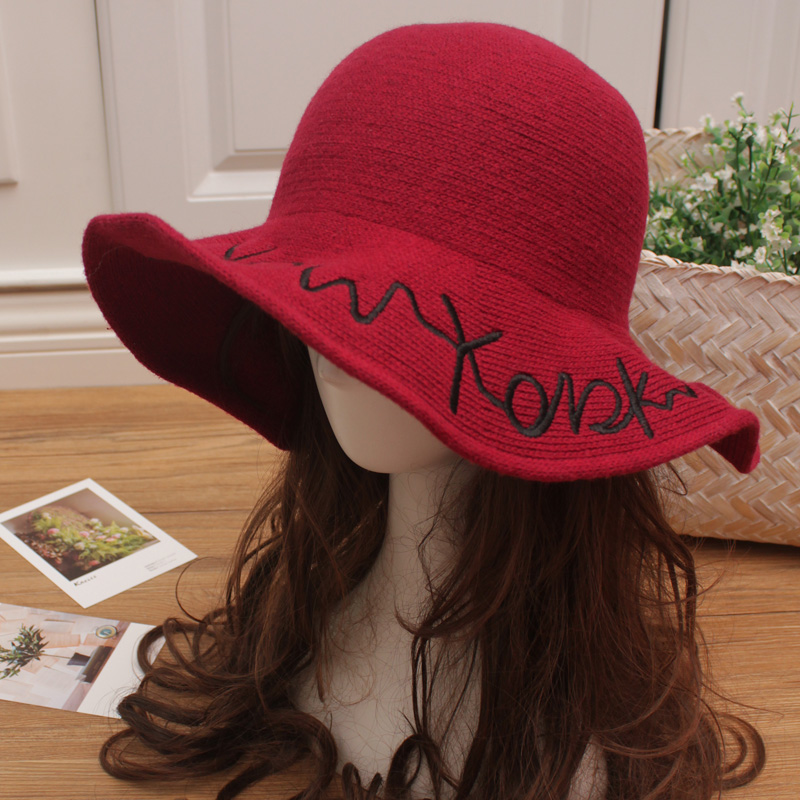 

Letter Elegant Sheep Wool Cap Knitting Wide Brim Fedora Hat Winter Thick Female Fashion Winter Hat Accessories, Ny grey