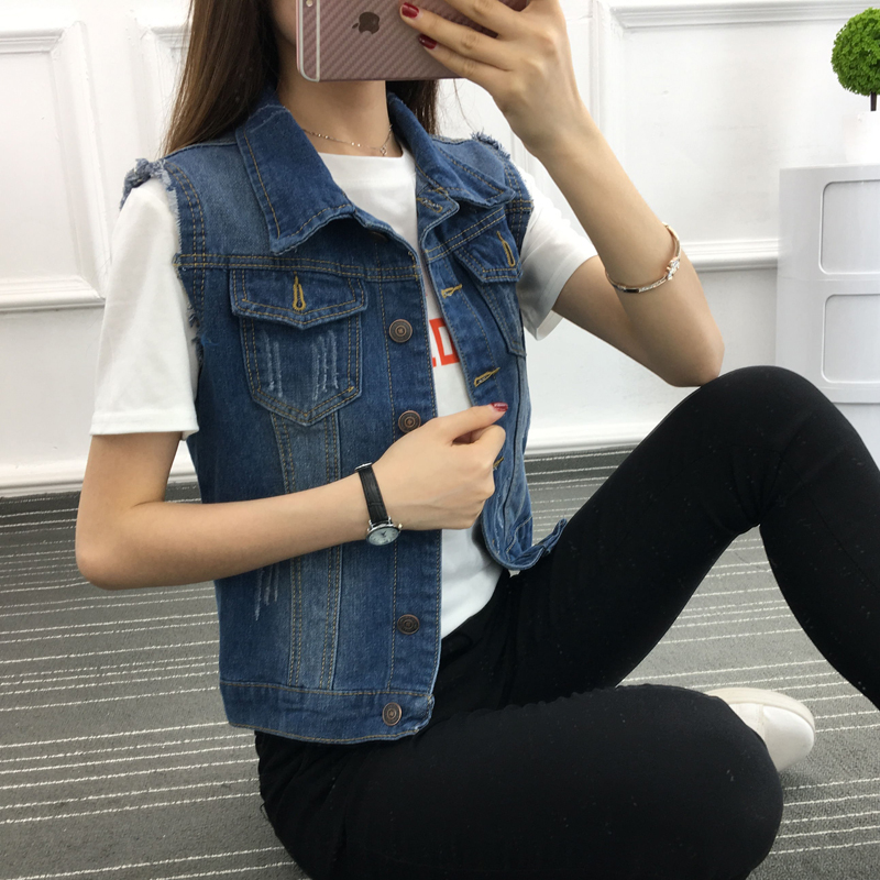 

2020 Spring Autumn Popular Vest Sleeveless Demin Exquisit Jacket Popular Outwear All-match Girl Slim Tops Clothing Vest MJ0019, Dark blue