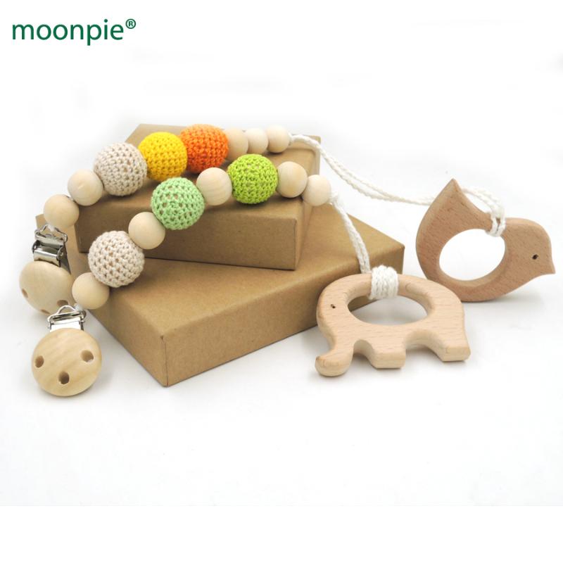 

free shipping cute crochet beads, wooden teether beech bird elephant pacifier chain clip dummy holder NT167