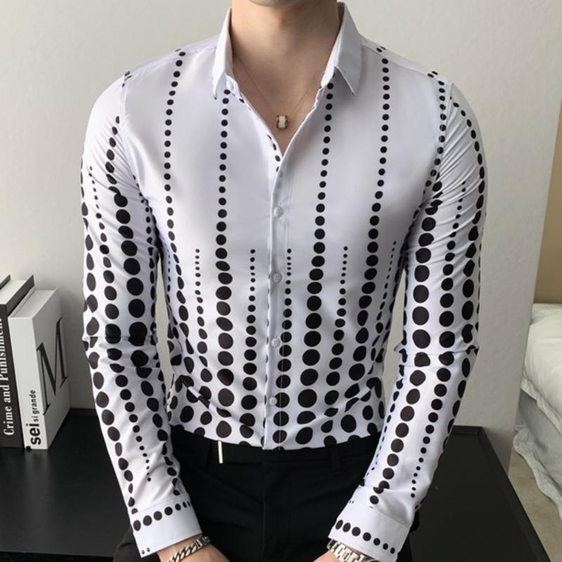 

British Style Point Print Men Shirt Fashion Streetwear Men Striped Shirts Slim Fit Half Sleeve Casual Shirt Male Clothing 3XL-M, Black