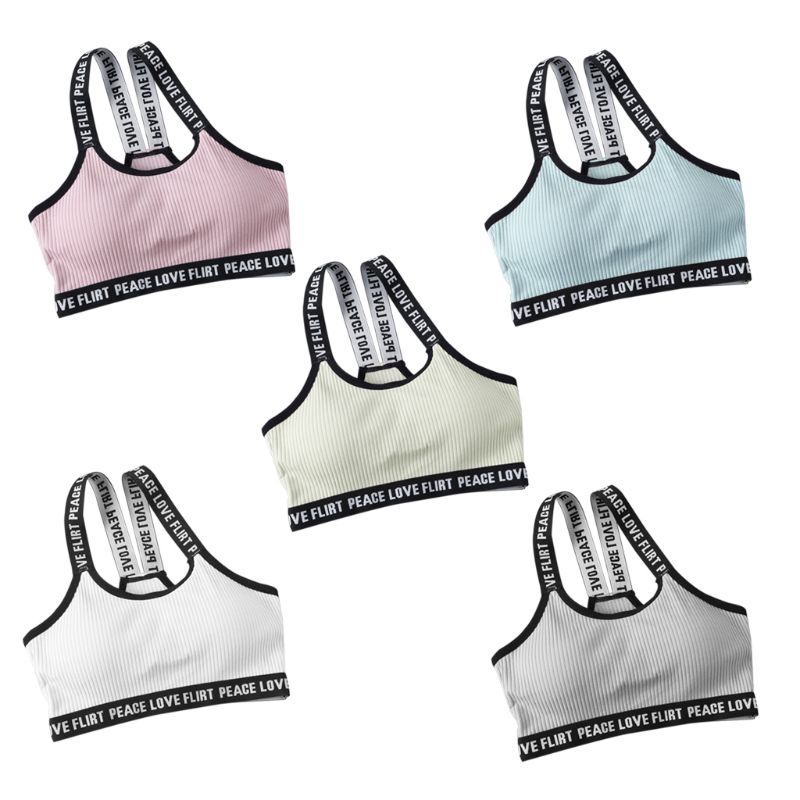

Girl Sport Bralette Letters Shoulder Strap Cotton Underwear Vertical Stripe Ribbed Knitted Crop Wireless Padded Gym Brassiere, Pink