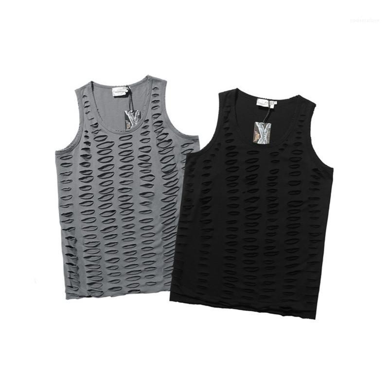 

Hip Hop Loose Ripped Vest Mens Summer Solid Color Scoop Neck Hole Tank Top New Fashion Mens Tshirts, Gray