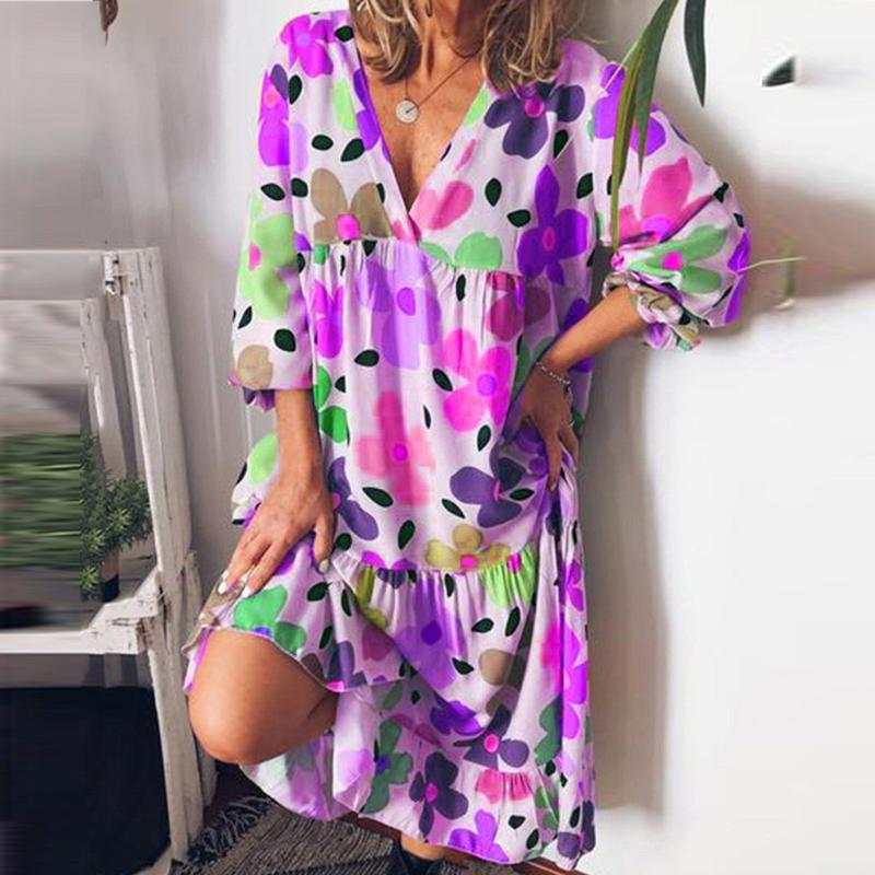 

Women 2020 Fashion Floral Print Casual Long Sleeve V-neck Loose Knee-Length Dresses Beach Holiday Dresses Party Dress Vestidos, Green