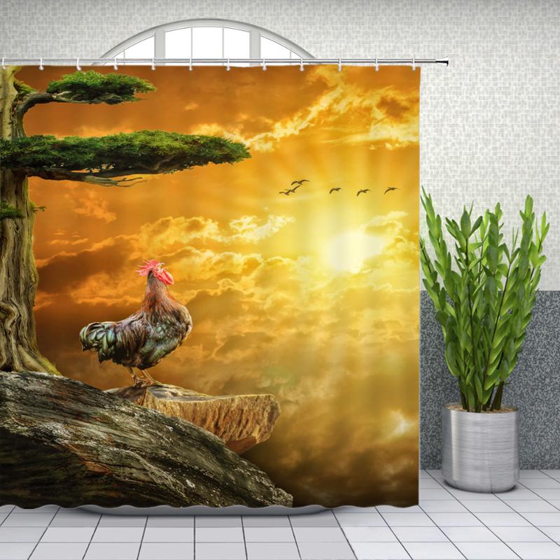 

Landscape Shower Curtains Mountain Sunrise Pine Animal Cock Bathroom Decor Home Bathtub Waterproof Polyester Curtain Set Cheap