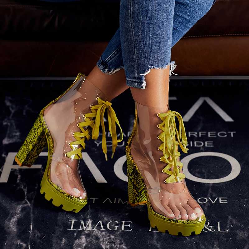 

2020 Summer 12.5cm High Heels Women 3.5cm Platform Sandals Neon Green Valentine Transparent Block Heels Chunky Stripper Shoes