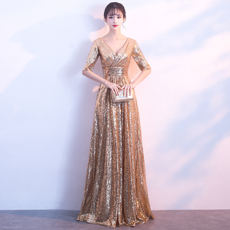 

Women Wedding Dress Elegant Qipao Sexy Long Chinese Evening Dresses Gold Cheongsam Gown China Bride Traditions Costume Robe