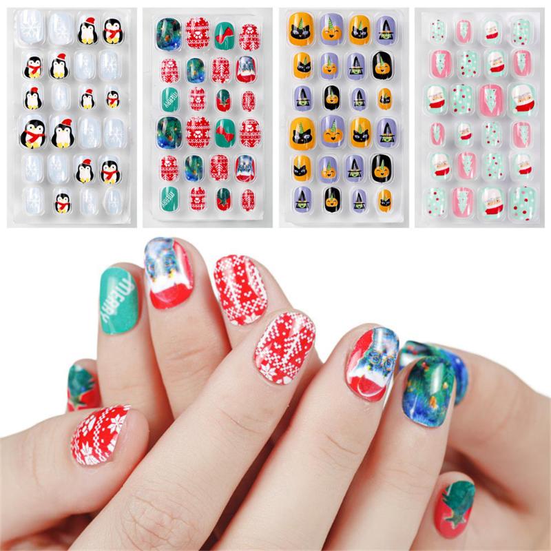 

24PCS/Lot Children Candy False Nail Tips Cartoon Full Cover Glue Self Fake Nail Art for Girls DIY Manicure Tips Nails Decoration