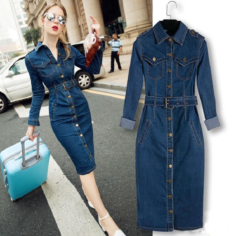 Denim Dress Women Long Sleeved Casual Lapel Collar Elegant Solid Color