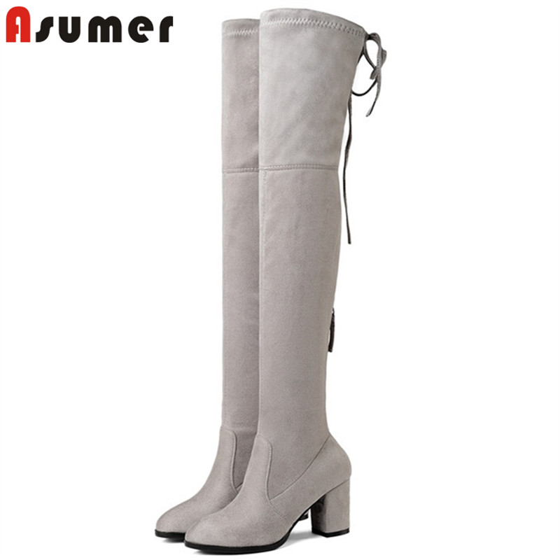 

ASUMER 2020 Over The Knee Round Toe Boots Thigh High Elastic Keep warm Boots Flock Prom High Heelsboots elegant Big Size 34-43, Red