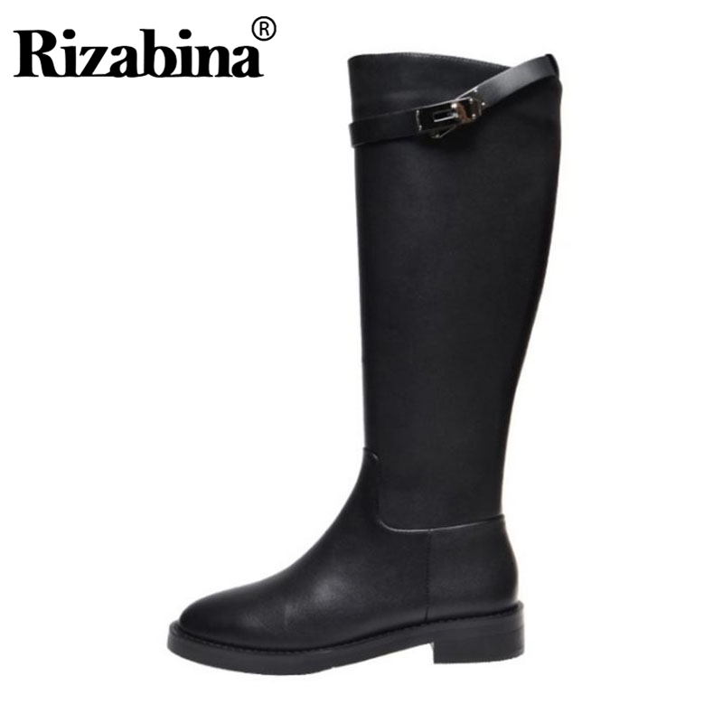 

RIZABINA Simple Solid Color Knee High Boots For Women Side Zipper Round Toe Flats Shoes Real Leather Women Footwear Size 33-40, Black