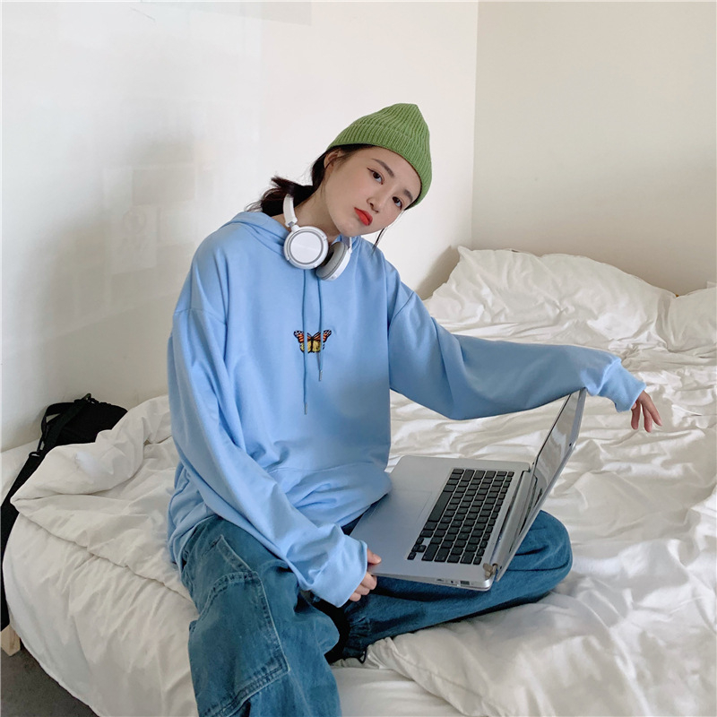 

2020 New Fall Hoodie Women Fashion Printed butterfly Sports Pullover Loose Ins Super hot All-match Ladies Tops High Quality Cozy, Blue
