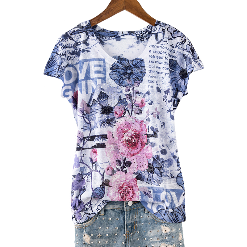 

Thin hot drilling rose print t shirt women tops summer 2020 new arrivals Plus size slim 4XL 5XL short sleeve o-neck female tee, 10