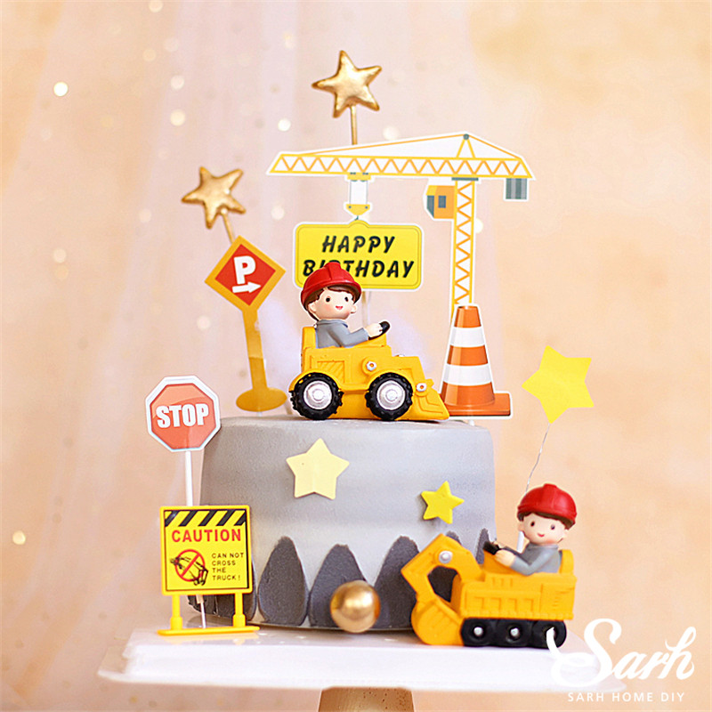 

Traffic Sign Star Cake Toppers Construction Vehicle Decoration for Birthday Party Anniversary Baby Shower Baking Supplies Gift