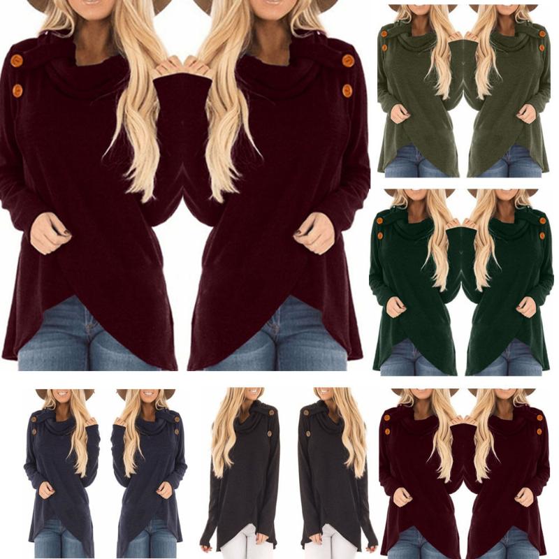 

Women Autumn Warm Winter Long Sleeve Casual Solid Sweatshirt Pullover Turtleneck Irregular hem Button Plus Size 8.21, Bk