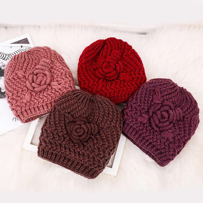 

Autumn and winter new wool hat Korean version of the flower pattern knit hat Plus velvet Baotou warm head cap knitted cap women, Red