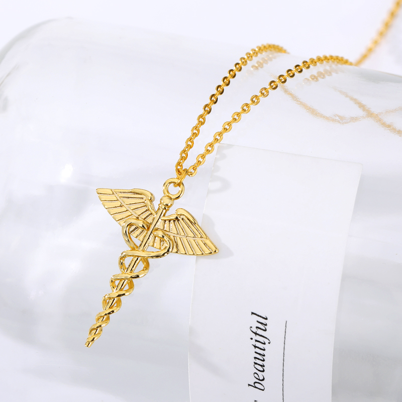 

Chokers Staff Of Asclepius Necklace Pendant Stainless Steel Gold Snake Rod Graduation Gift Caduceus Jewelry