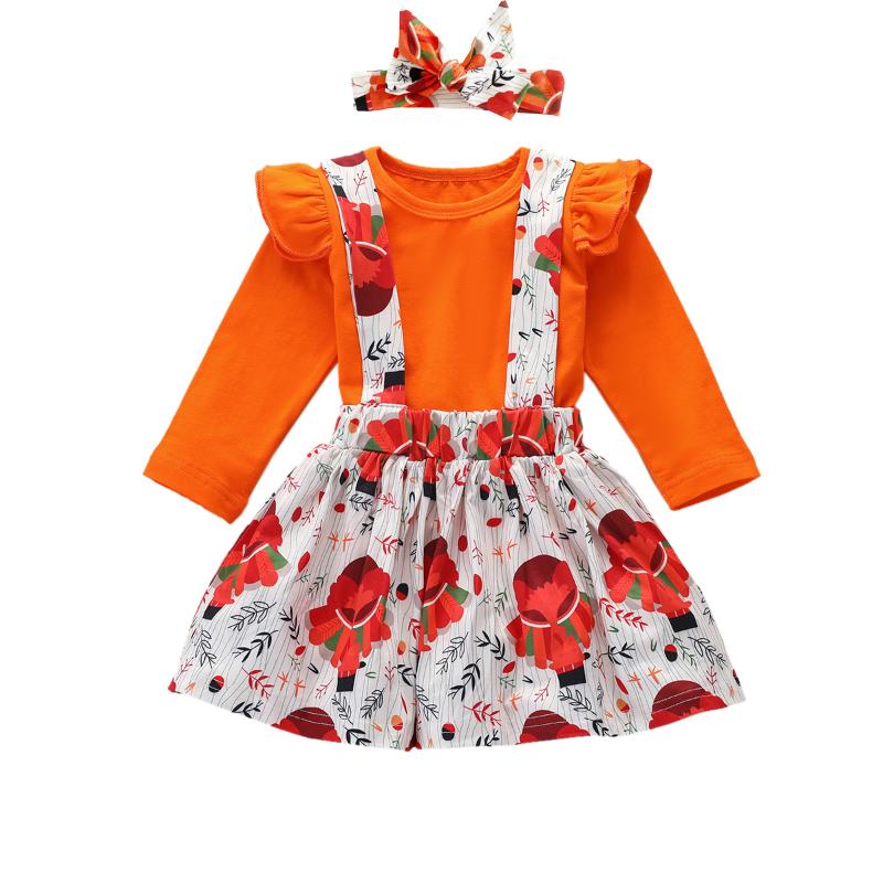 

Baby Girls Skirts Three Piece autumn Suit Fashion Solid Color Long Sleeve Tops Print Suspender Skirts and Headband, Multi