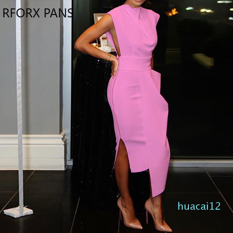 

Hot Sale Solid Sleeveless Side Zipper Slit Irregular Dress, Fuchsia