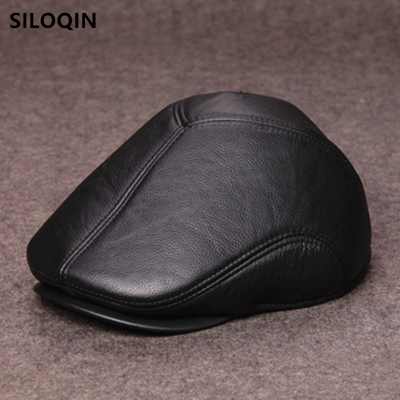 

SILOQIN winter warm men's berets hats natural genuine leather hat Gorra de cuero cowhide leather cap new winter hat brands caps, Black