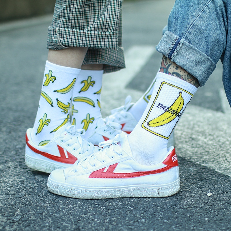 

IMINCN 1Pair oversize fashion banana bear hiphop Harajuku Cute Patter Ankle Socks Hipster Skateboard man Ankle Funny Socks, White
