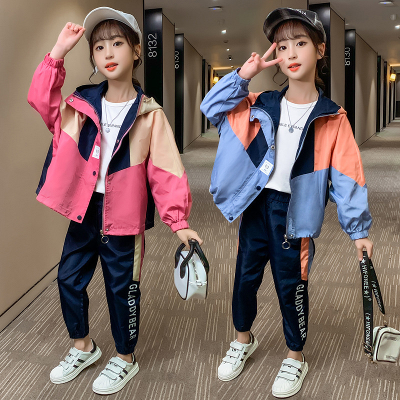 

3-12 year Girls' suit spring autumn fashion Sportswear Zip hooded jacket pants 2pcs kids Suit children's clothing set costume, Blue