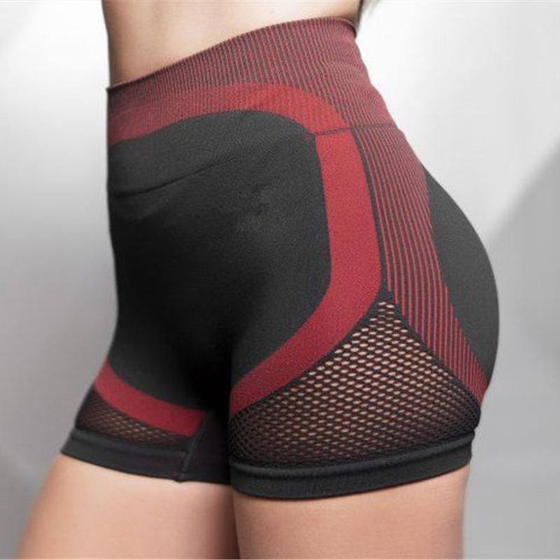 

Sexy Mesh Seamless Sports Short Women High Waist Yoga shorts BuBooty Legging Squat Proof Tummy Control Fitness Workout Shorts, Black red shorts