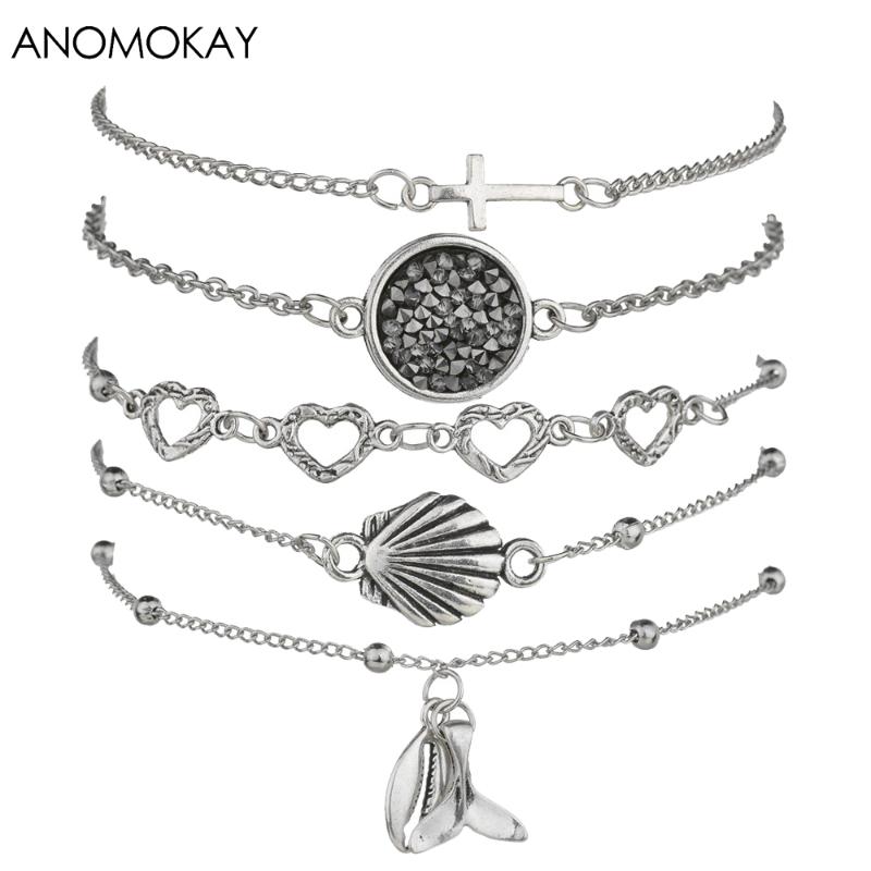 

European & American Antique Silver Plated Ocean Beach Series Link Bracelet Shell Fish Tail Charm Wrap Bracelet for Women Gift