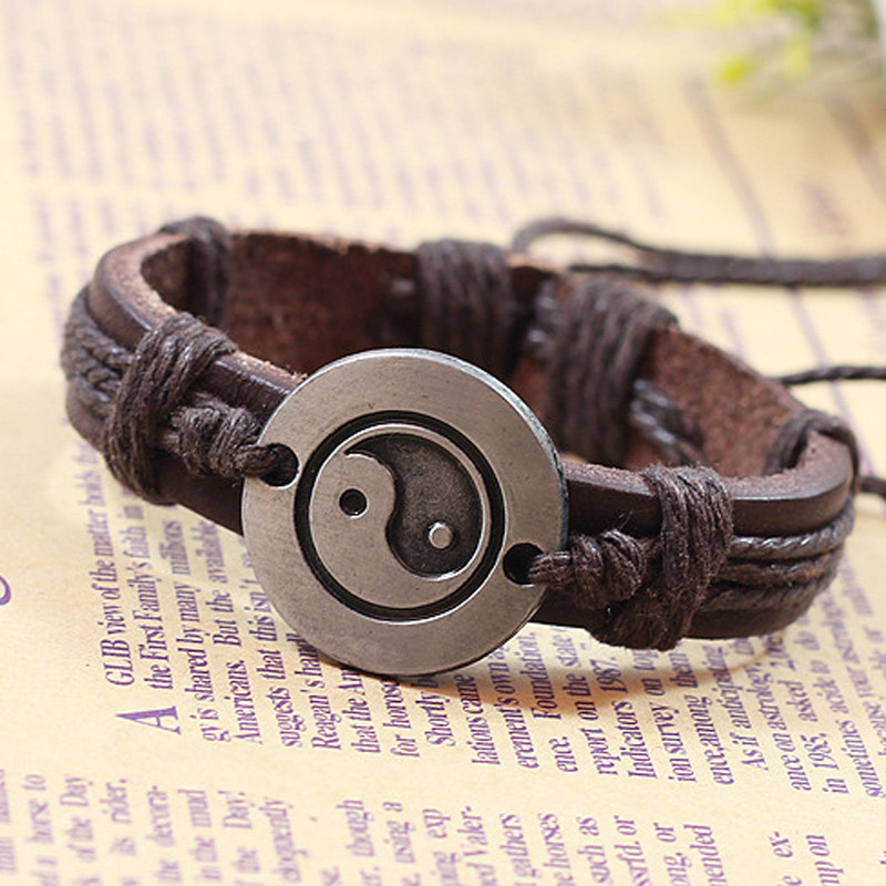

2020 Europe Punk Hand Made Braided Charm Bracelet Bangles Tai Chi Ying Yang Wristband Cuff Leather Bracelet For Men Women