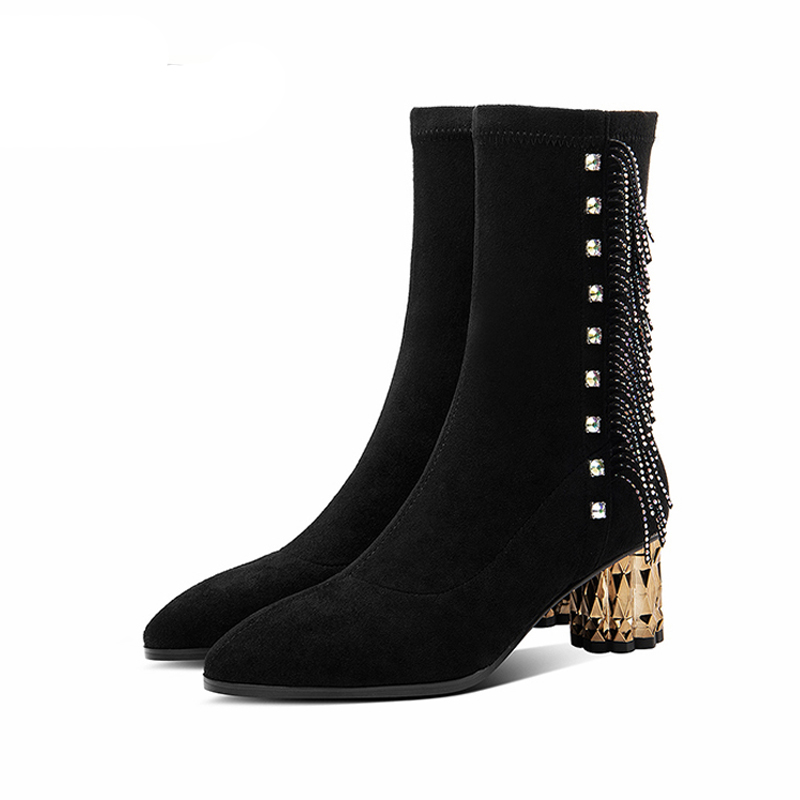 

women boots cow suede point toe ankle boots slip on thick heel closure winter lady brogue boots handmade shoes, Black